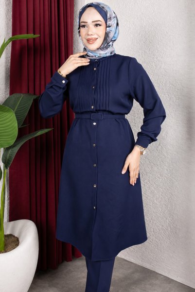 Rabia Zülal New Season Ribbed Detailed Belted Hijab Suit - Navy Blue