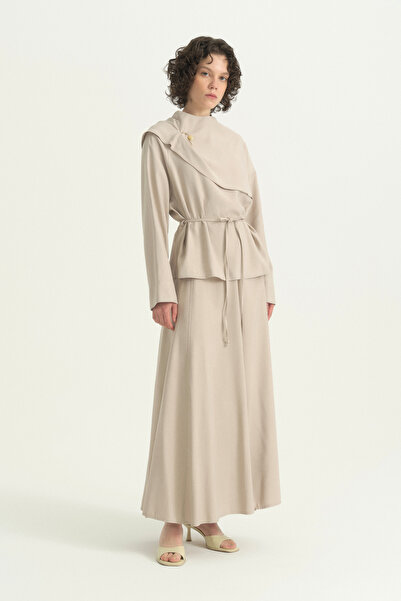 Nihan Cape Detailed Lyocell Skirt Blouse Set - Beige