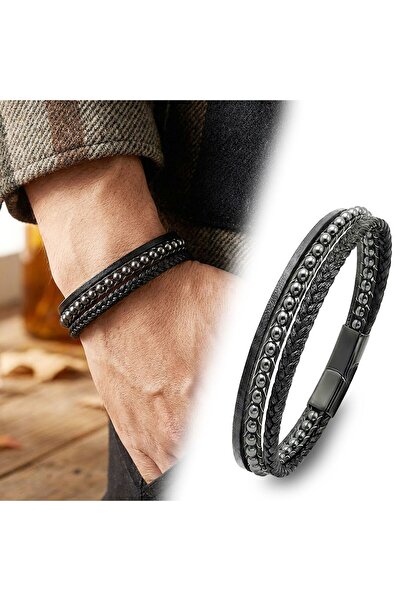 OGHAMAY Hematite Stone 316L Steel Interlocking Multi-Layer Braided Leather Me...