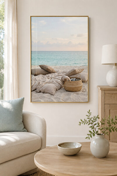 sayetablo Coastal Calm - Gerçek Cama Baskı Gold Alüminyum Metal Çerçeveli Tek...