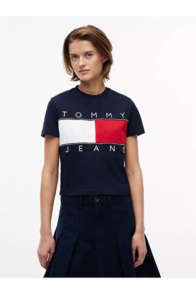 Tommy Hilfiger Women's Iconic Flag Logo Detailed Regular Fit Short Sleeve Nav...