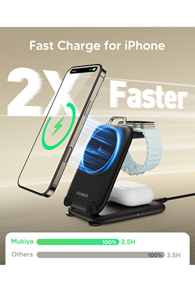 CHOETECH Travel 3-in-1 Magnetic Wireless Charger, Foldable Stand for iPhone, Apple Watch & AirPods T816-F