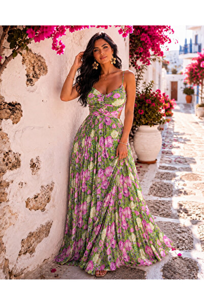 Divin store Rochie lunga din satin elastic plisat cu imprimeu floral
