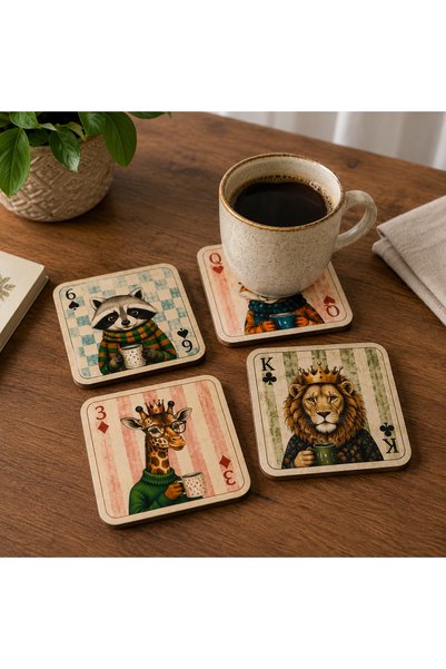 kids town Wooden Coasters with Gift Stand, Set of 4 |   3 mm Mdf Uv Printed Decorative Coffee & Tea Coaster