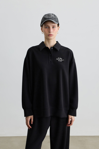 BE BLUE SİYAH POLO YAKA İNCE SWEATSHIRT