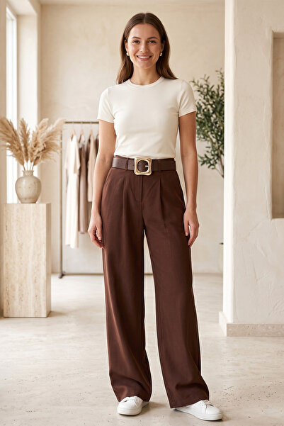 FERHEL Pantaloni lungi din crep modal, cu talie înaltă, cu picior larg, maro