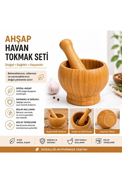 Duruper Kimya Doğal Ahşap Havan ve Tokmak Seti | Baharat Sarımsak Ceviz Ezici...