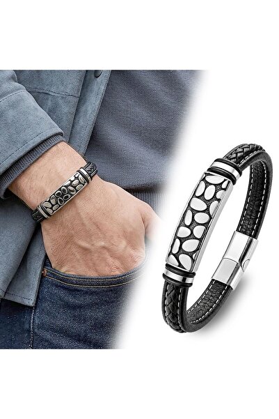 OGHAMAY River Stone Motif Steel Locking Black Leather Men's Bracelet. 18391B8D4