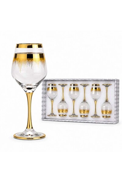 hey Pahar cu picior, set de 6, 20,5 cm, Model auriu cu linii decorative, Tran...