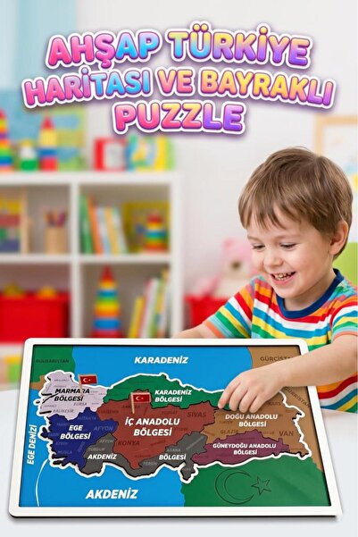 Tıfıl Toys My Beautiful Homeland Wooden Turkey Map and Flag Educational Monte...