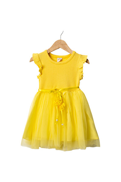 LENDASHOP Girl's Cotton Fabric Tulle Dress with Ruffle Sleeves, Ages 2-5