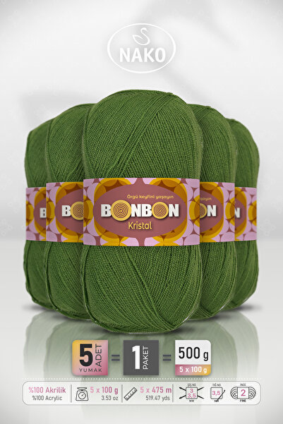 BONBON Kristal - Green (98235) - 5-Pack - 100Gr/475M - Fine Yarn Hand Knittin...