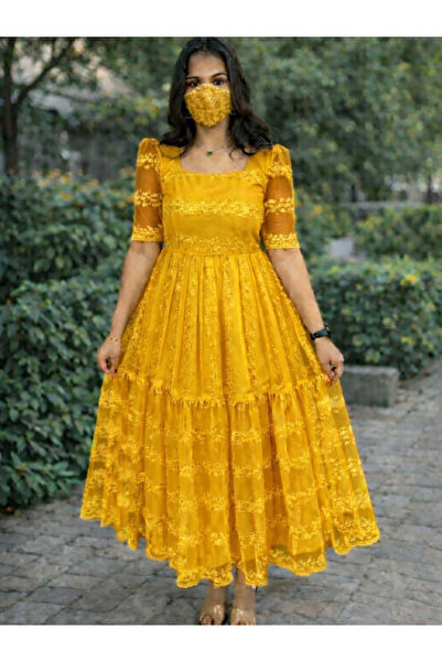 MYSMAR Yellow Twill Satin Tissue Gown - HRT8687 | Yellow