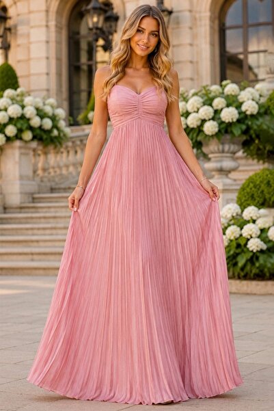 FashionForYou Μακρύ πλισέ φόρεμα NYSA UNI, με δέσιμο στην πλάτη, Ροζ, Μέγεθος...