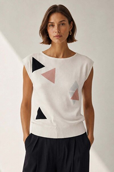 Ferraro Ecru Geometric Patterned Crew Neck 100% Cotton Women's Knitwear Blouse