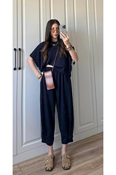Olbia Navy Blue Crew Neck Modal Baggy Trousers Set