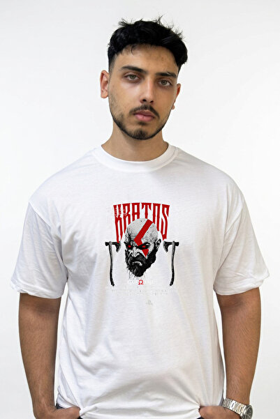 Anetos Kratos God of War Design Printed Oversize White T-Shirt