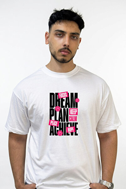 Anetos تي شيرت أبيض كبير الحجم مطبوع عليه تصميم Dream Plan Achieve Design