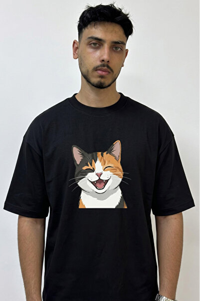 Anetos Calico Laughing Cat Design Printed Oversize Black T-Shirt