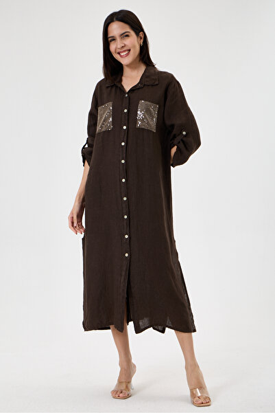 della moor Brown Italian 100% Linen Fold-Over Short Sleeve Linen Shirt Dress ...
