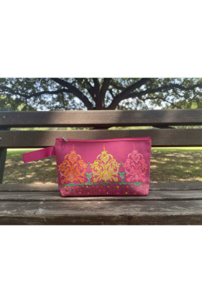 Vogue Visage Pink Damask Hand-Painted Canvas Pouch