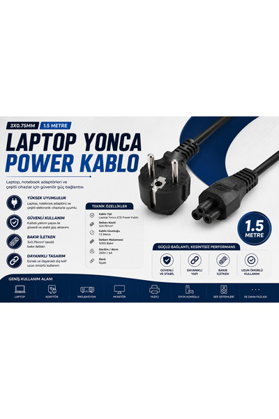 AŞIK STORE Laptop Yonca (C5) Power Kablo 1.5 Metre 3x0.75mm² Bakır İletken No...