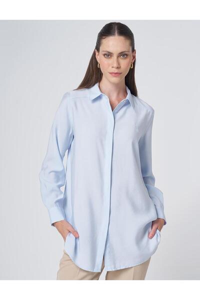 Kayra Shirt Collar Basic Modal Tunic Blue