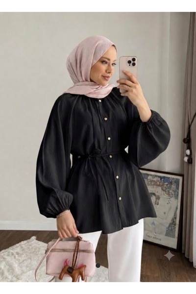 onlymoon Reglan Kol Oversize Bel Bağlamalı Tesettür Gömlek Kadın Siyah Salaş ...