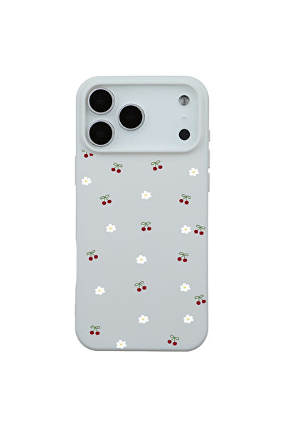 Casen iPhone 17 Pro Max Beyaz Lansman Renkli Silikon Kiraz ve Çiçek Desenli K...