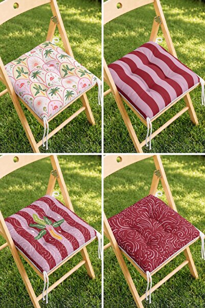 Home 4’lü Kırmızı Çizgili ve Flamingo Desenli Bağcıklı Pofidik Sandalye Minde...