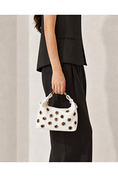 zetus Bella White Women's Hand and Shoulder Bag with Eyelet Detail