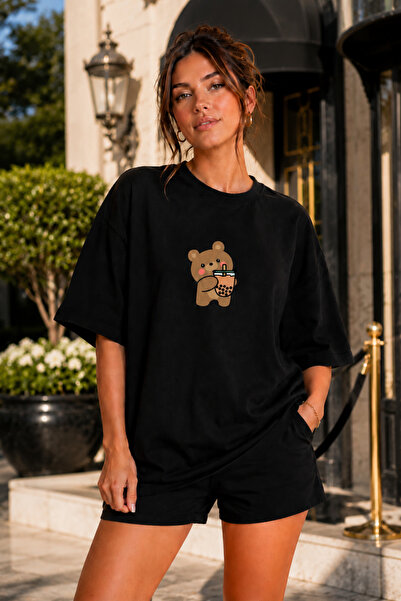 FECCY Premium Coffee Drinking Bear Printed Theme Unisex Oversize Women's T-Sh...