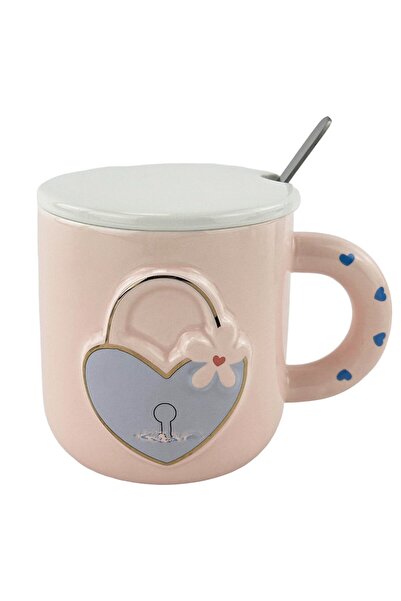 Trim Cana Ceramică Roz cu Capac și Lingură Love Unlock