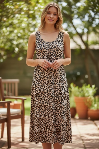 Arya Nisa Kids Γυναικείο αμάνικο φόρεμα μίντι με λεοπάρ σχέδιο και άνετη εφαρ...