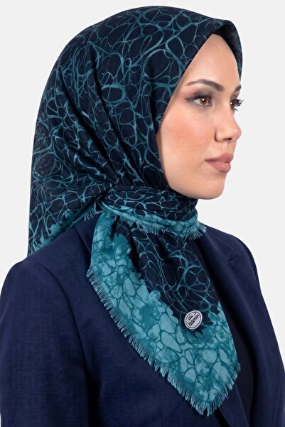 hadiora Women's Navy Blue Turquoise Patterned Flared Cotton Scarf