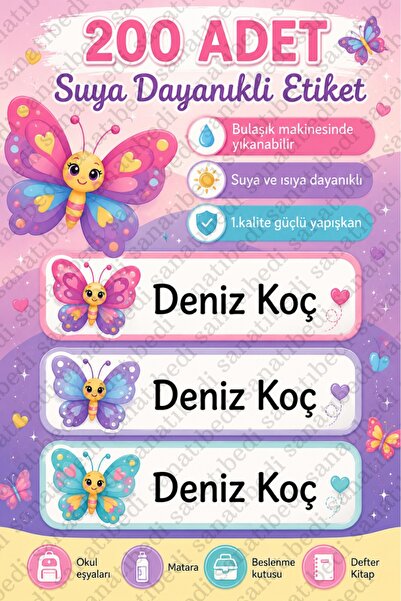 sanatıbedi 200 Adet Suya Dayanıklı Kelebek Okul Etiketi - Kitap Defter Kalem ...
