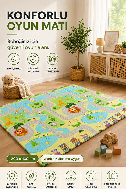 Babylike Katlanabilir Bebek Oyun Matı 200x130 cm – Kalın, Yumuşak, Darbe Emic...
