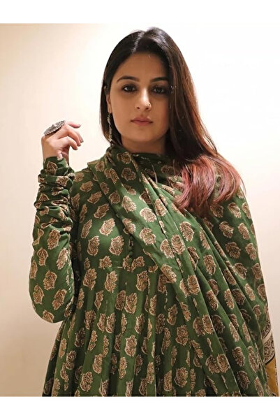 MYSMAR Green Viscose Printed Anarkali Kurta Set - ALV2186 | Green
