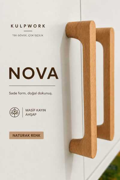 Kulpwork NOVA Natural Renk Masif Ahşap Mobilya Mutfak Dolap ve Çekmece Kulpu ...