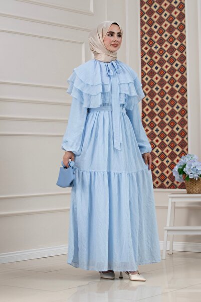 Sevitli Ruffle Detailed Roza Hijab Dress-Blue