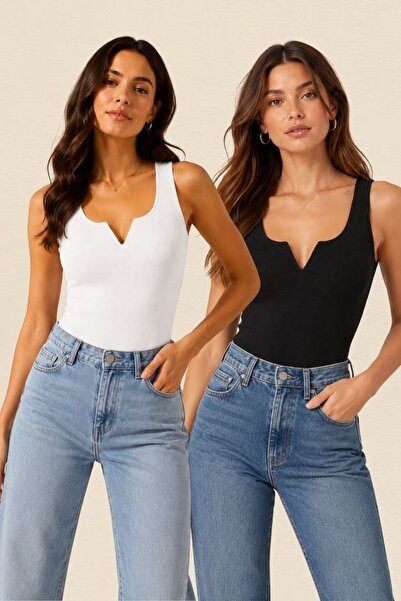 fevien 2 Pack Women's Cotton V-Neck Notched Detailed Thick Strap Ribbed Combe...