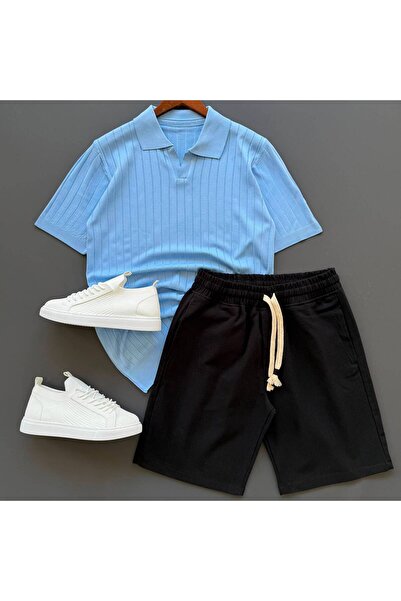 Beylerce Nurse Collar Knitwear T-Shirt + Raw Linen Shorts 2-Piece Combination