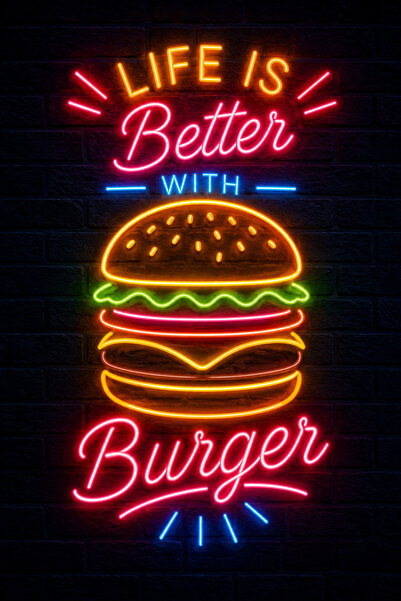 Lucena Pictură murală cu neon Hamburger, imprimare MDF, decor retro cafenea r...