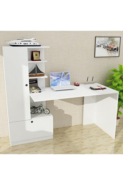Adore Birou Domingos cu 2 usi rafturi, Alb, 150x140x62 cm