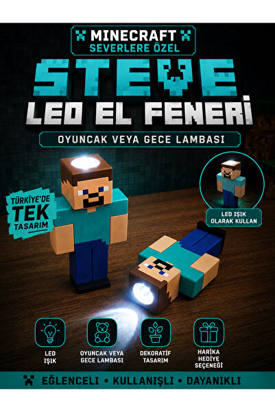 G3D Steve Oyuncak El Feneri / Minecraft Led Işıklı Figür - 11,5 cm / I Am Steve