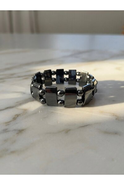 Meneva Aksesuar Rectangular and Double Row Sphere Cut Hematite Natural Stone ...