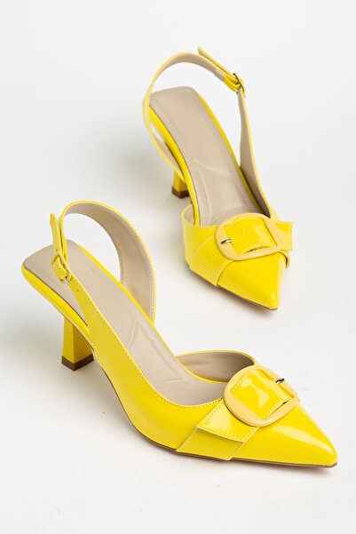 Moda Eleysa Jayla Women's Yellow Patent Leather Buckle Detailed Thin Heeled C...