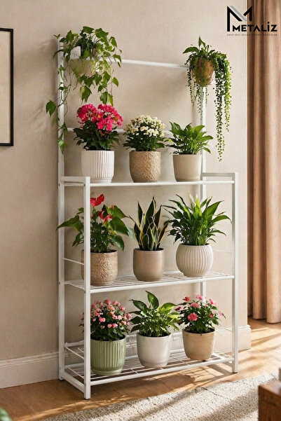 METALİZ YENİLİKÇİ TASARIMLAR Modern Beyaz 3 Katlı Metal Çiçeklik Standı Çok A...