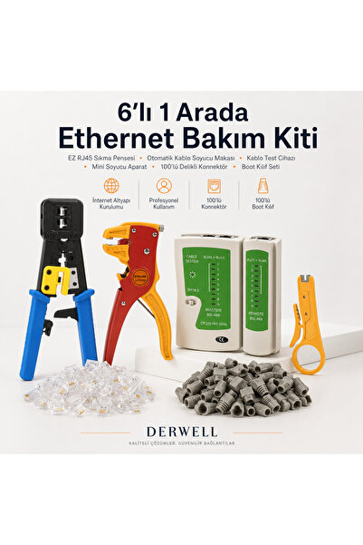 Derwell 6lı 1 Arada Ethernet Bakım Kiti EZ RJ45 Sıkma Pensesi Otomatik Kablo ...