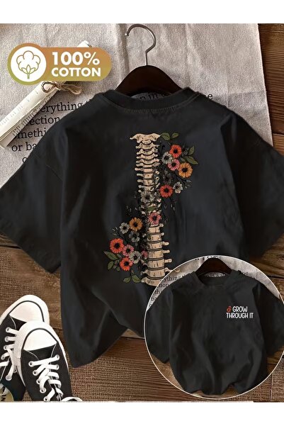AEMİ Unisex Spine Flower Printed Oversize Crew Neck T-Shirt